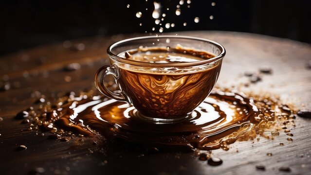 A steaming cup of coffee, with droplets of rich brown liquid splashing out of it, creating a mesmerizing pattern on the table.