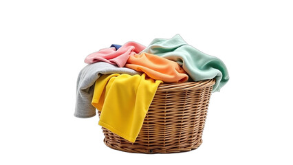 PNG cut out,wicker laundry basket with clothes, colorful and natural