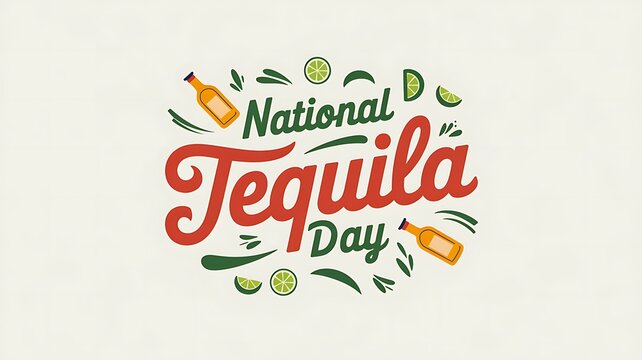 A festive graphic celebrating National Tequila Day with tequila bottles and lime slices - Powered by Adobe