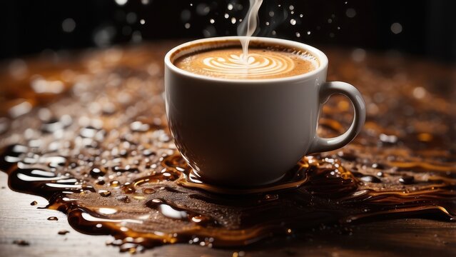 A steaming cup of coffee, with droplets of rich brown liquid splashing out of it, creating a mesmerizing pattern on the table.