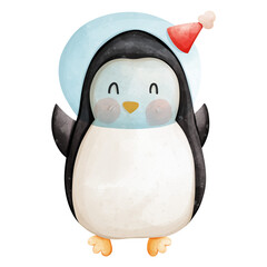 Cute penguin character wearing festive hat, smiling joyfully