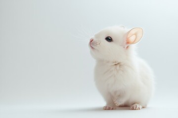 the beside view baby Chinchilla standing, left side view, low angle, white copy space on right, Isolated on White Background