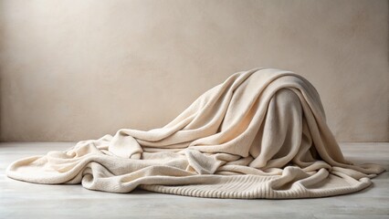 Ethereal Fashion Photography of a Cozy Ghostlike Figure in a Beige Blanket Against a Neutral Background