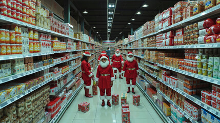 A group of people dressed as Santa Claus in a grocery store aisle