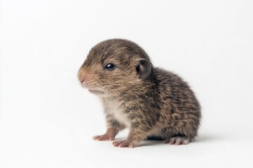 the beside view baby Lemming standing, left side view, low angle, white copy space on right, Isolated on White Background