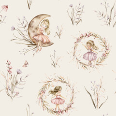 Seamless pattern with young ballerinas and boho plants elegant wreath. Hand drawn illustration girl in pink dress and blond hair sitting on moon. Cute watercolor repeat ornament for baby girl nursery. © Ekatmart
