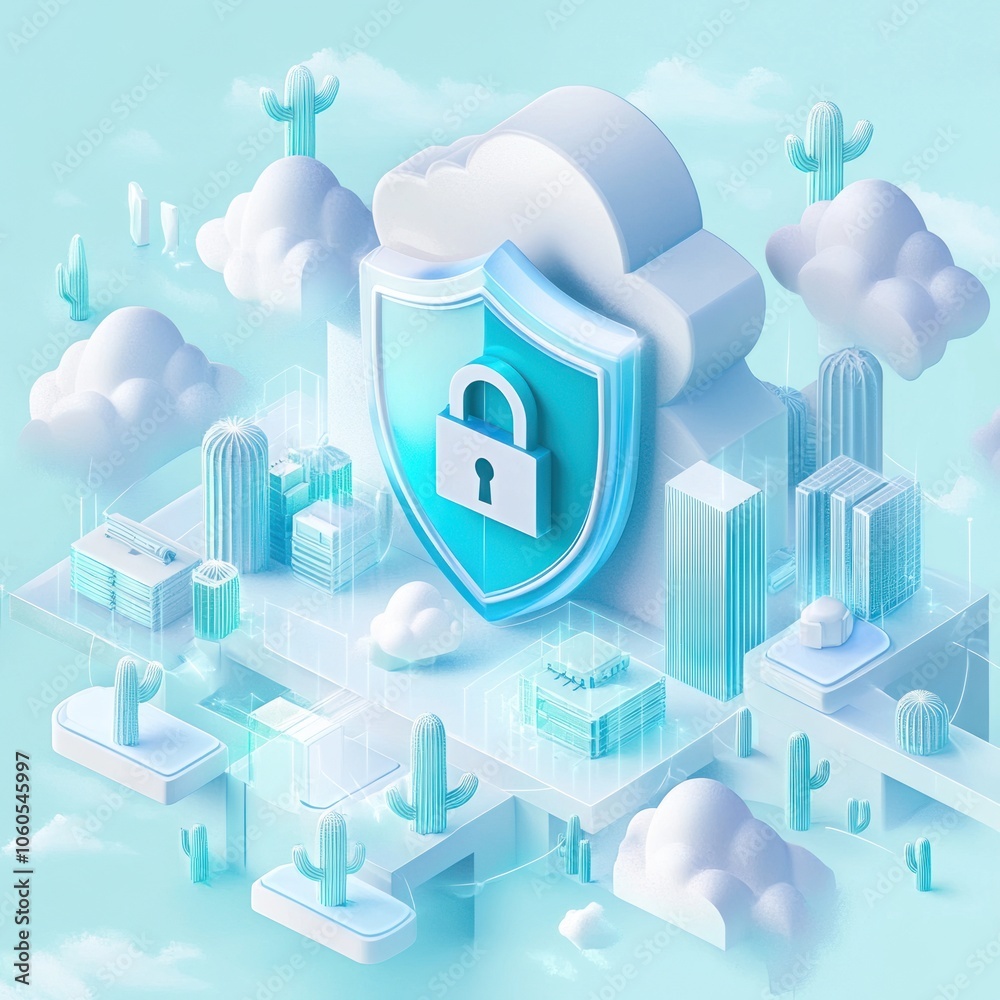 Poster Cloud Security System with a Shield and Lock Icon in a Desert Landscape