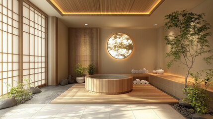 traditional japanese ofuro bath in stylish spa center, wooden decor, traditional interior, japan, pool, jacuzzi, water procedures, wellness, hotel, ryokan