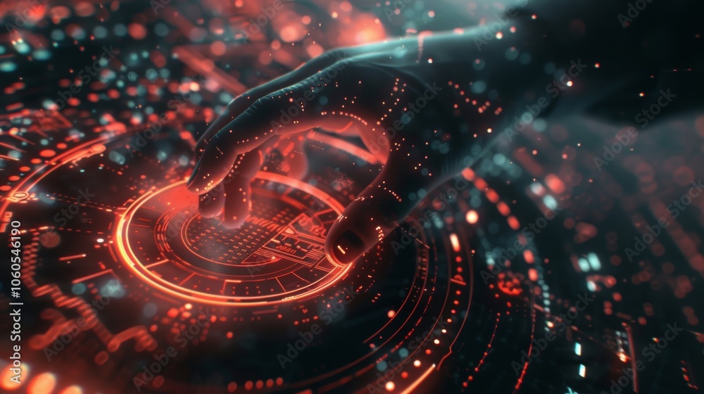 Poster glowing hand interacting with futuristic glowing red circular interface with digital code and data, 