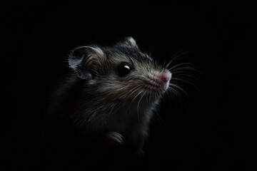 Mystic portrait of baby Hamster in studio, copy space on right side, Headshot, Close-up View, isolated on black background