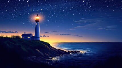 Illuminated Lighthouse Standing Tall on a Rocky Cliff with a Starry Night Sky and Calm Ocean Waters