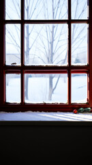 Fototapeta premium red window frame with frosted panes a snowy view