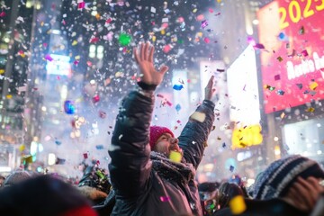 Fototapeta premium Celebrating New Year in Times Square with confetti