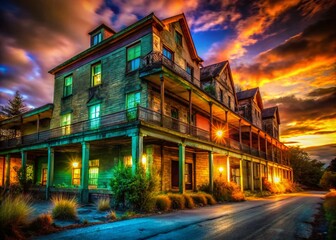 Naklejka premium Exploring an abandoned Washington road hotel, shadows dance amid surreal nightscapes, revealing haunting echoes of forgotten stories and the eerie remnants of a distant past.