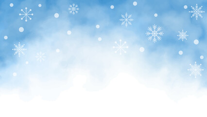 雪と雪の結晶の幻想的な冬の空の背景イラストバナーテンプレート　テキスト無し　ベクター　手描き水彩の飾り枠　16:9