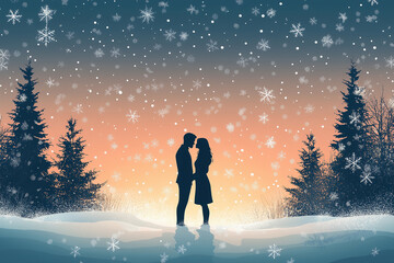 A romantic winter wedding moment with a couple embracing amidst falling snow and a serene twilight background