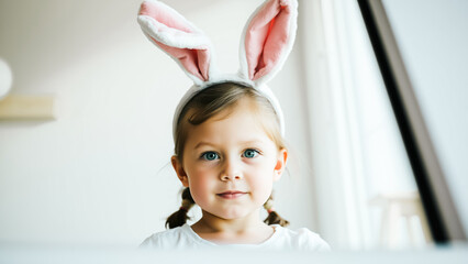 young girl wearing bunny ears smiles the camera