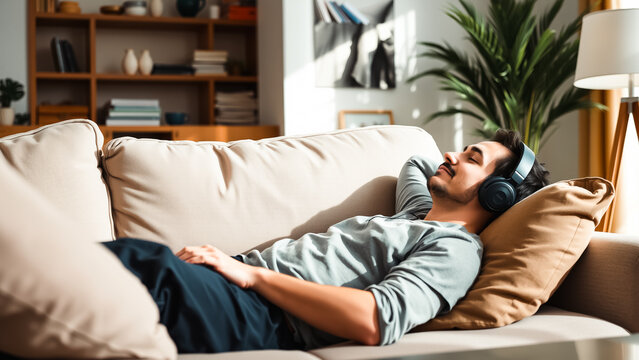 young man resting on a white couch while wearing headphones