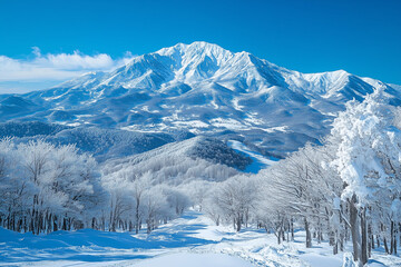 Obraz premium Snow-covered mountains rise majestically under a clear blue sky in a serene winter landscape