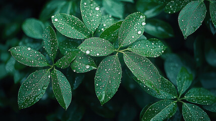 Macro shot of raindrops on green leaves, showcasing natural textures and vibrant colors. droplets create refreshing and serene atmosphere in nature