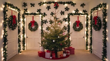 A photo of a Christmas celebration. There's a Christmas tree in the corner with brightly wrapped presents beneath it. The walls are adorned with festive decorations, including a wreath, garlands, and 