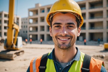 Close portrait of a smiling young Maltese man construction worker looking at the camera, Maltese outdoors construction site blurred background