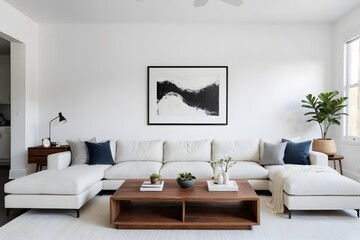 Minimal white living room with a sofa, wooden coffee table, and an art frame.
