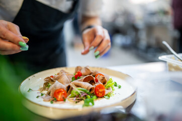 A close-up of a chef’s hands garnishing a gourmet dish with fresh green herbs. The plate features...
