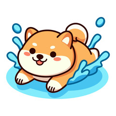 cute shiba inu dog swimming cartoon character animal flat color vector illustration template design