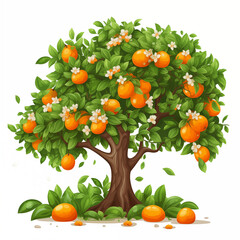 Vibrant orange tree with ripe fruits and blossoms in a sunny garden setting