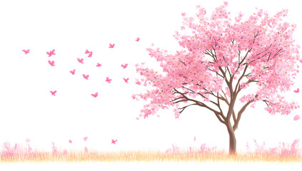 Cherry Blossom Tree with Falling Petals and Butterflies