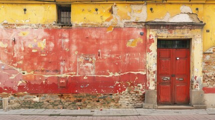 Gritty red wall with worn plaster and bricks, yellow buildings, urban scene with room for text.