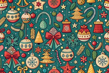 Festive Christmas Doodle Seamless Pattern with Edging, Ribbons, and Decorative Borders for New Year Celebrations, Perfect for Holiday Designs and Ornaments