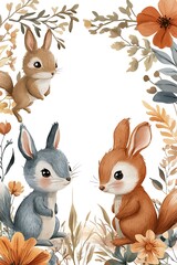 Fototapeta premium Adorable forest friends a whimsical illustration featuring cute squirrels and bunnies surrounded by charming floral elements