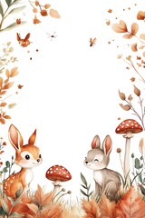 Fototapeta premium Charming woodland creatures an enchanting autumn scene featuring playful rabbits and delightful foxes amidst colorful foliage and mushrooms