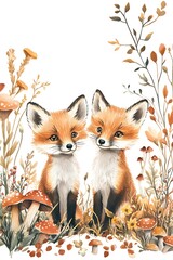 Fototapeta premium Charming portrait of two playful foxes amidst a whimsical autumn landscape filled with mushrooms and foliage