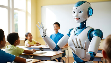 Lifelike humanoid robot teaching in classroom, engaging students with gestures