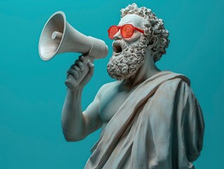 Greek statue with beard, shouting through a megaphone, wearing sunglasses