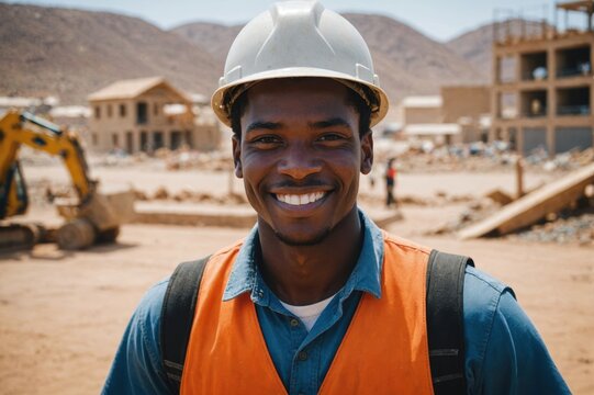 Close portrait of a smiling young Namibian man construction worker looking at the camera, Namibian outdoors construction site blurred background