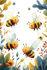 Obraz premium Delightful bees in a vibrant garden a playful illustration of nature���s essential pollinators bringing joy and color to the lan