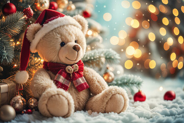 A cute teddy bear wearing a Santa hat and scarf is sitting on a snowy surface with Christmas decorations around it, including twinkling lights and ornaments.