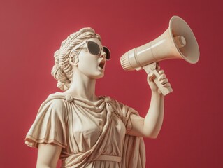Greek ancient beauty woman statue, shouting through a megaphone, wearing sunglasses
