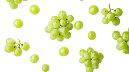 Sweet and fresh green grapes falling from above. transparent background