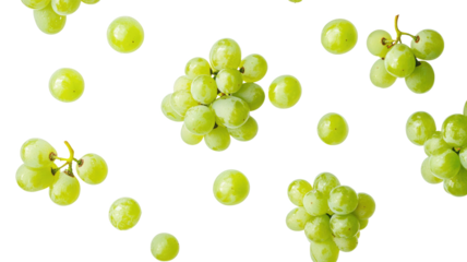 Sweet and fresh green grapes falling from above. transparent background
