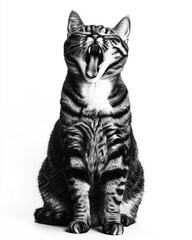 Yawning tabby cat against white background. Black and white image.