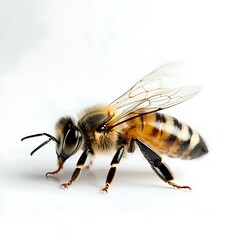 Close up shot of a single honey bee walking on a pure white background, showcasing intricate details of its striped body and delicate wings.