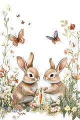 Fototapeta premium Two adorable rabbits sharing a carrot surrounded by colorful butterflies and wildflowers in a serene nature scene