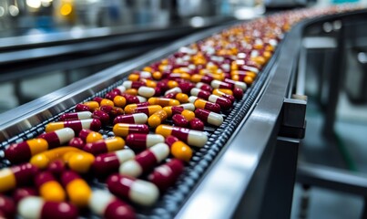 A modern pharmaceutical industry factory with a high-tech conveyor system efficiently processing and packaging various pills and drugs in a sterile environment