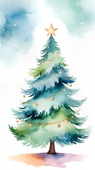 Obraz premium Graceful watercolor Christmas tree adorned with golden garlands and a glowing moon