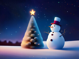 Obraz premium 雪の夜にクリスマスツリーと雪だるま